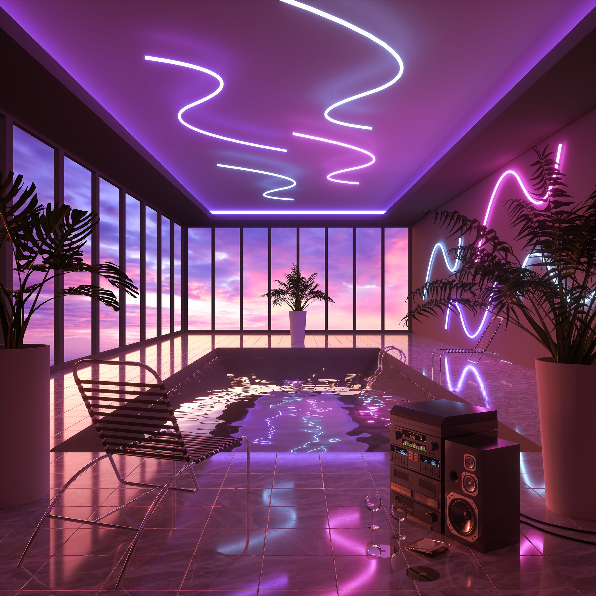 Aesthetic apartment styled with neon lighting and vaporwave posters and decor