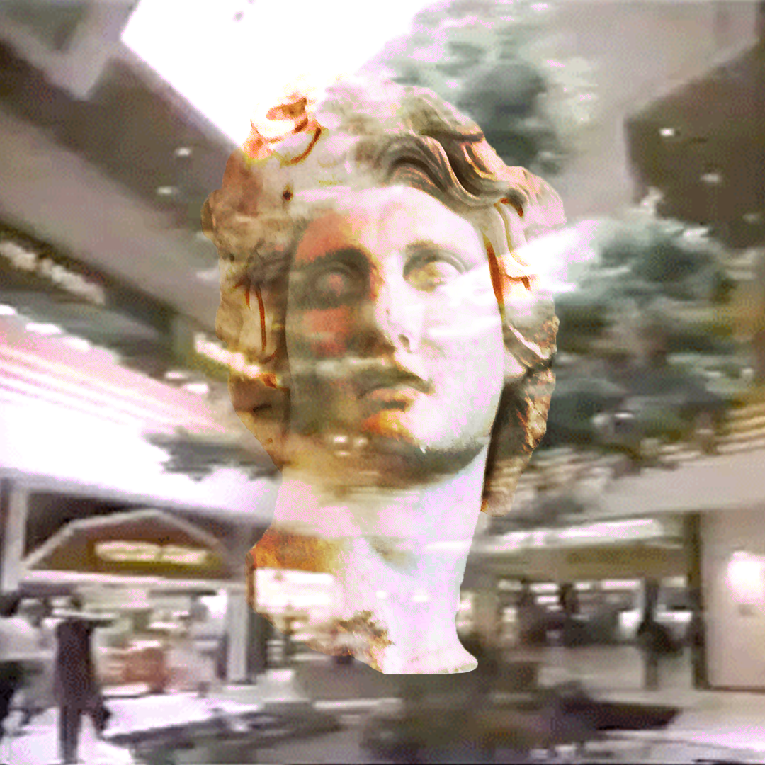 Helios, the Vapor95 marble statue mascot, glowing in a neon vaporwave shopping plaza