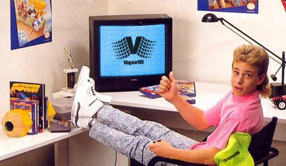 Vapor95 holiday gift guide flat-lay of aesthetic vaporwave tees, pins, neon lights and stickers