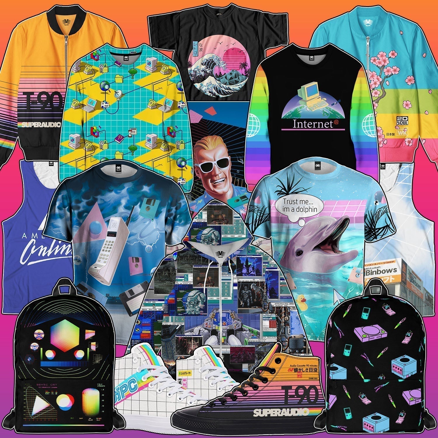 Vapor95 retro-tech apparel designs reimagining VHS tapes, vintage PCs and 90s gadgets as wearable art.