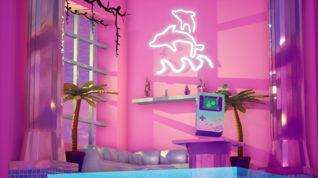 A glowing DIY neon synthwave sign and retro decor, one of ten budget-friendly vaporwave home craft ideas