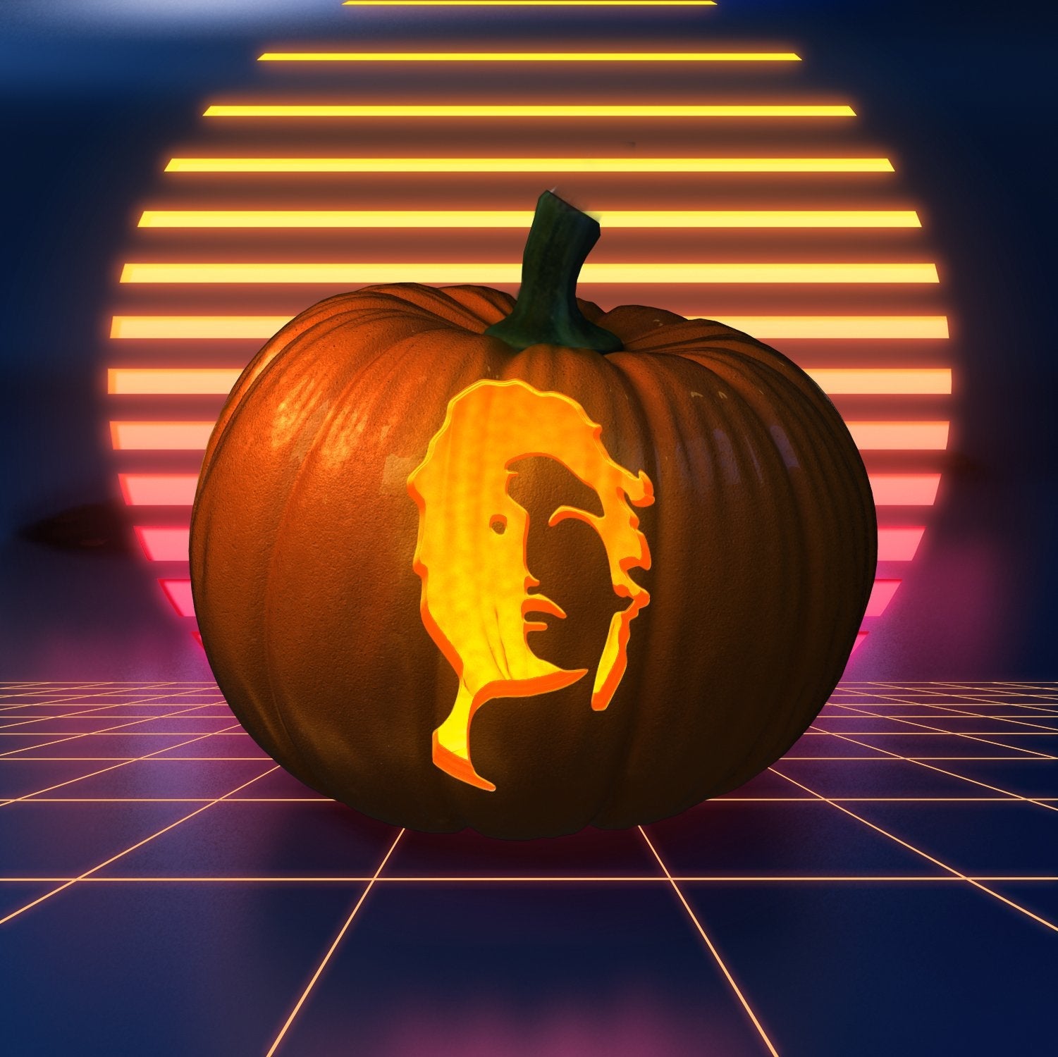 Carved pumpkin featuring the Vapor95 Helios design for the Halloween contest