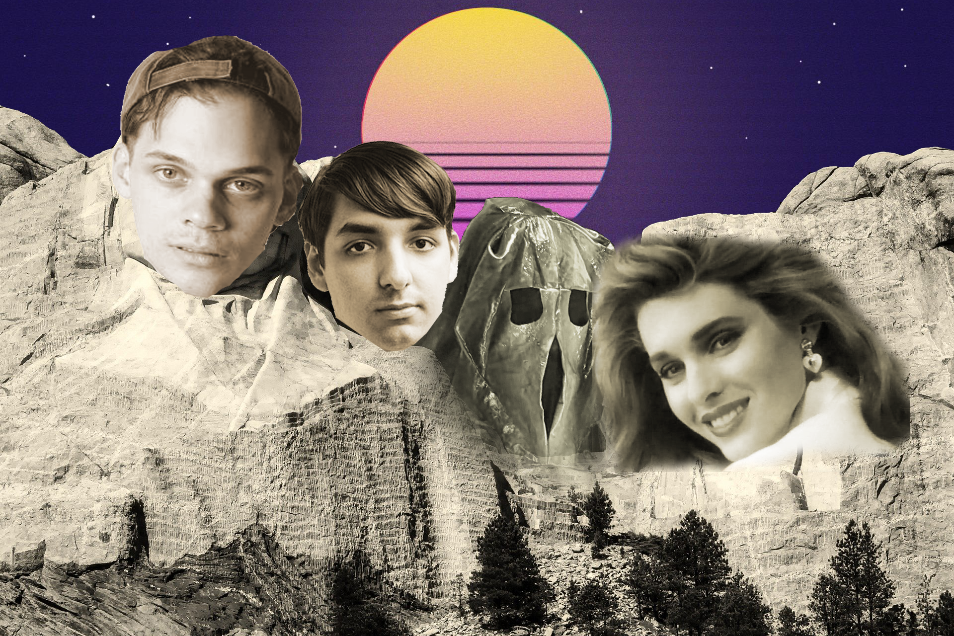 Collage of vaporwave artists George Clanton, SAINT PEPSI, t e l e p a t h and Luxury Elite