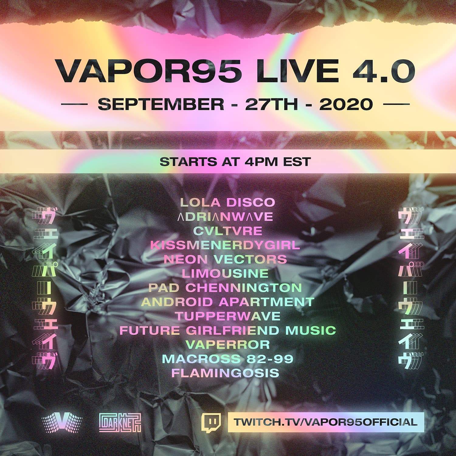 Vapor95 Live 4.0 vaporwave digital concert replay title graphic in magenta on black