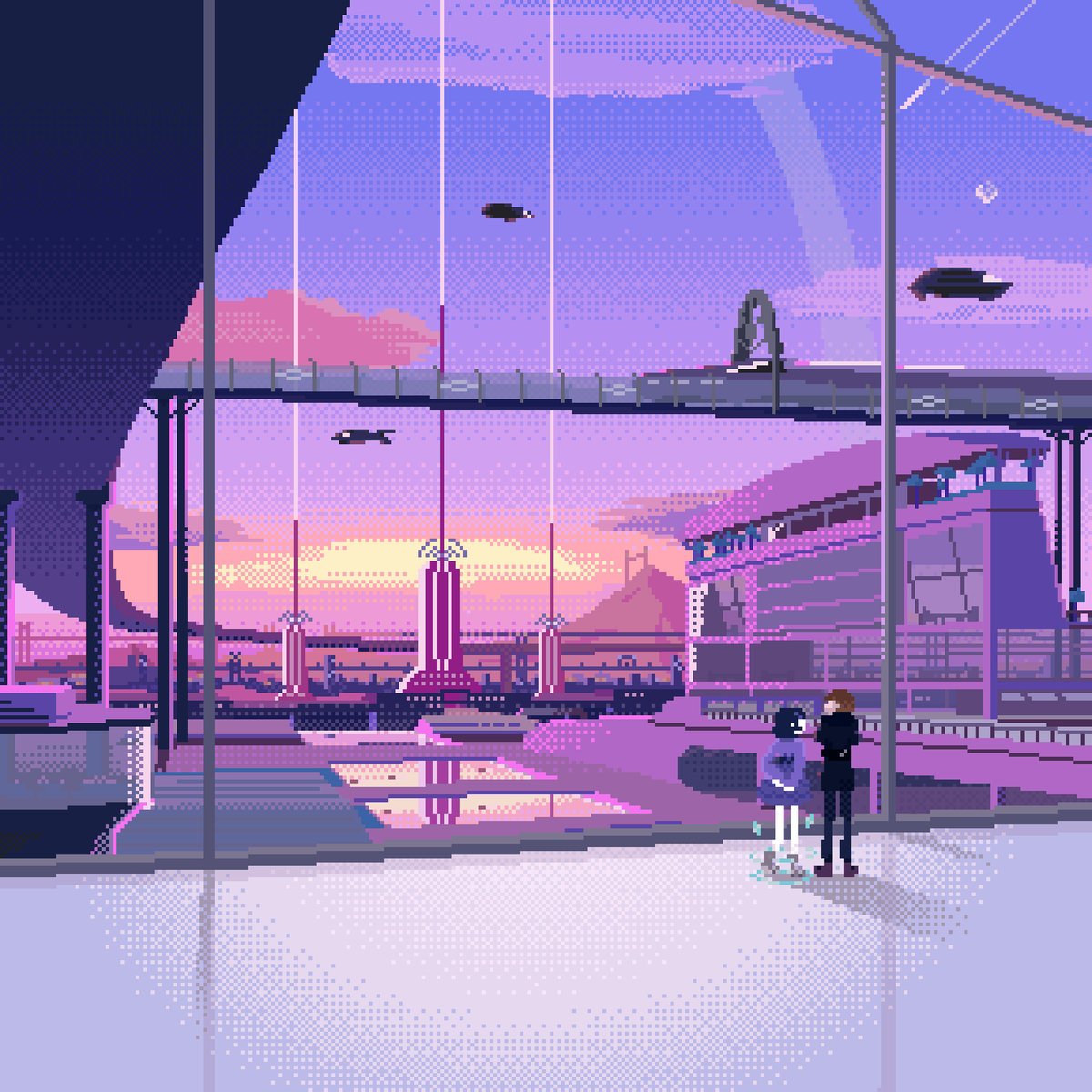 Building a Better World album artwork by 猫 シ Corp. and t e l e p a t h, pixel-art figures over a futuristic vaporwave city at sunset.