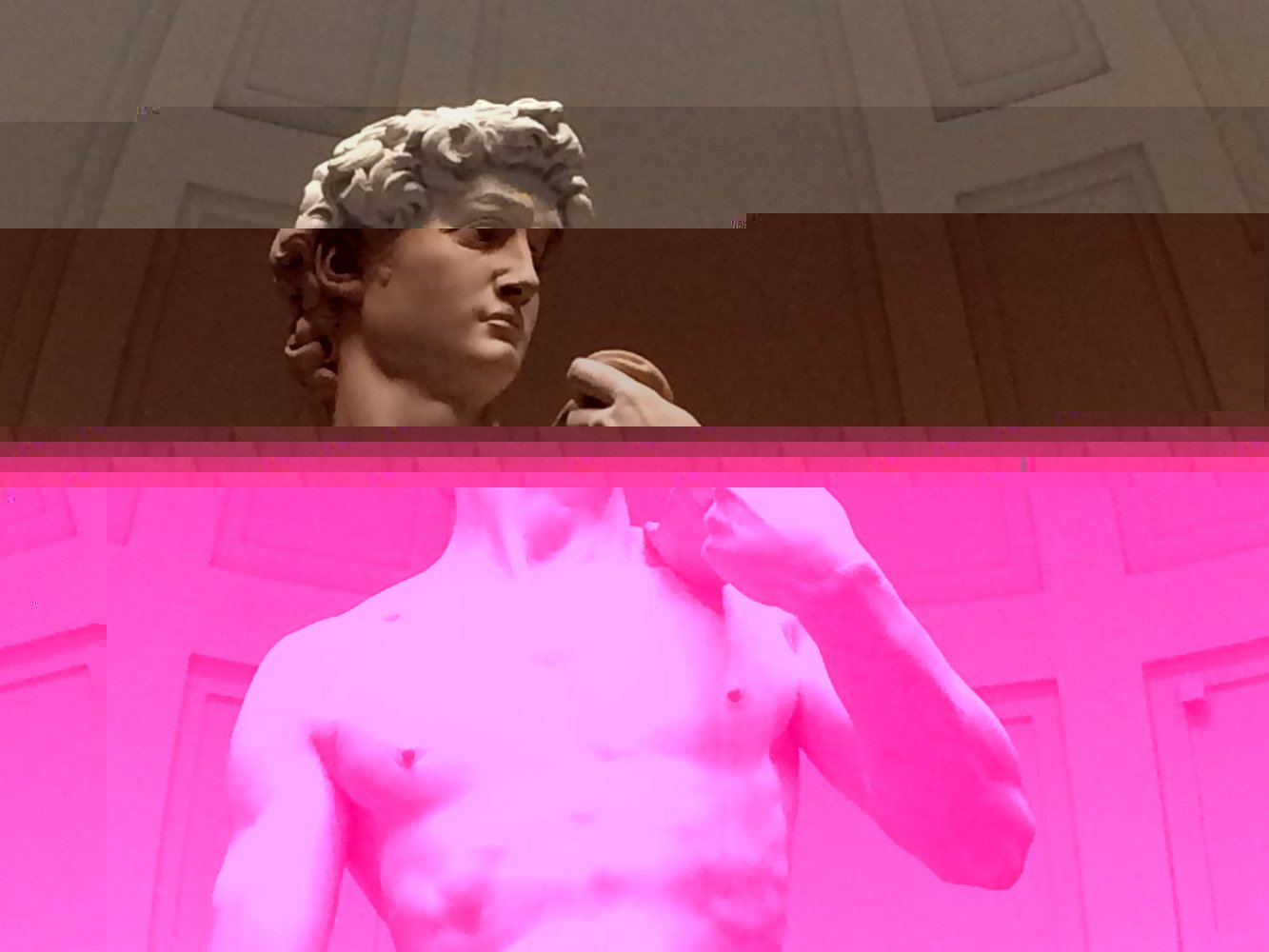 Databent glitch art version of Michelangelo's David created by editing the JPG as text, from Vapor95 Darknet tutorial.