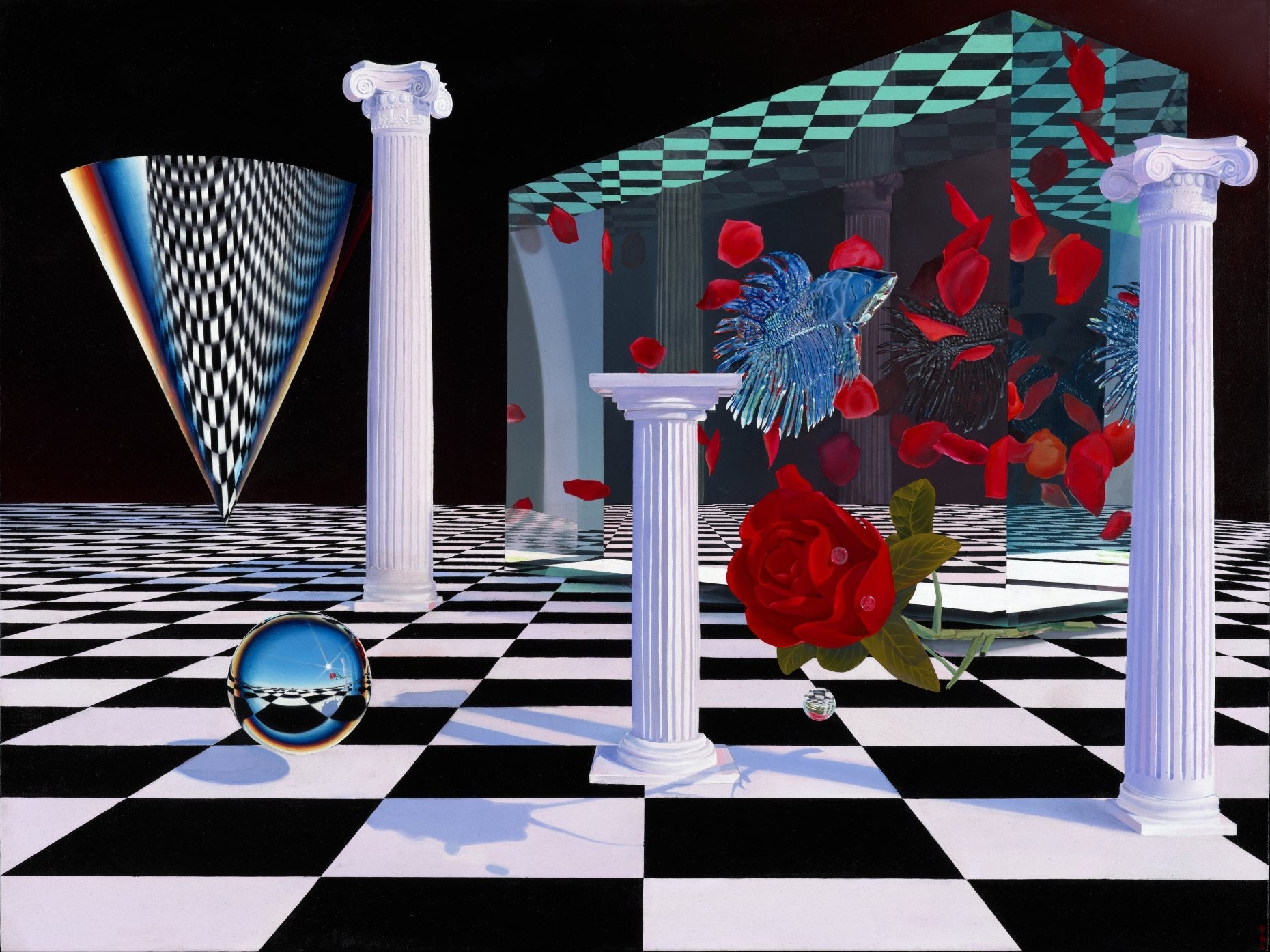 Cd.BETA.Rose and Chrome1.0 vaporwave oil painting of a chrome rose by Kevin Lowry and Paul Plastic