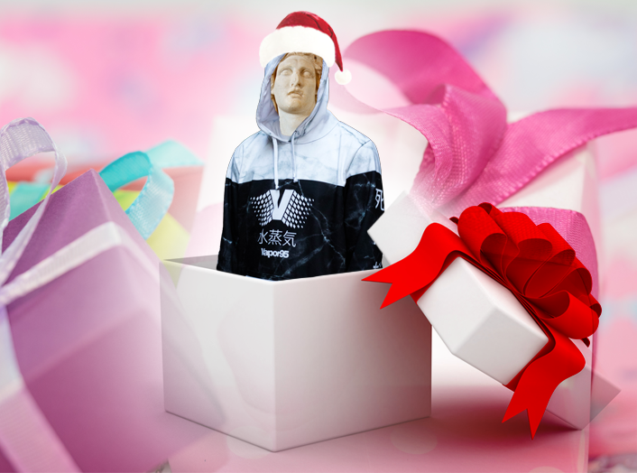 Vaporwave Christmas gift guide featuring aesthetic apparel, pins, mug, and gift card ideas