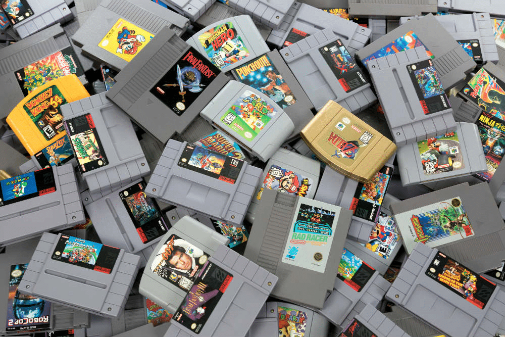 Collage of nostalgic retro video games including Super Mario Bros, Sonic, Tetris and Zelda