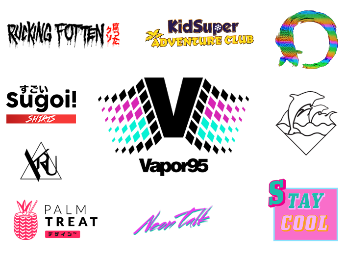 Lineup of top 10 vaporwave fashion brand logos including Vapor95, Palm Treat, and Neon Talk