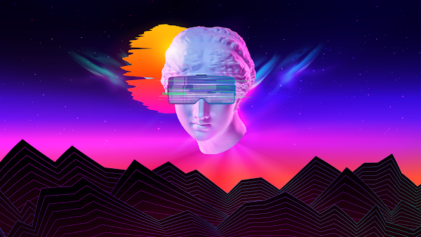 Person wearing a VR headset immersed in a glowing metaverse virtual reality environment