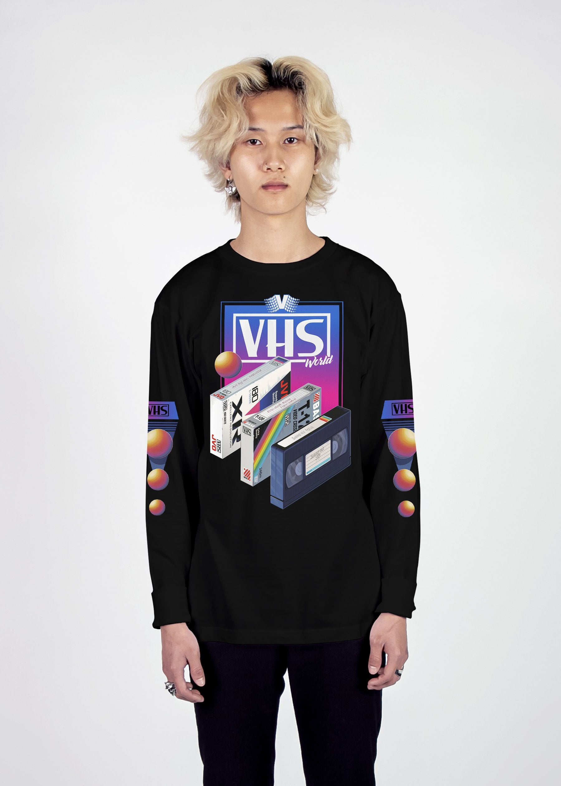 VHS World Long Sleeve Tee Long Sleeve Graphic Tee Vapor95 Black S