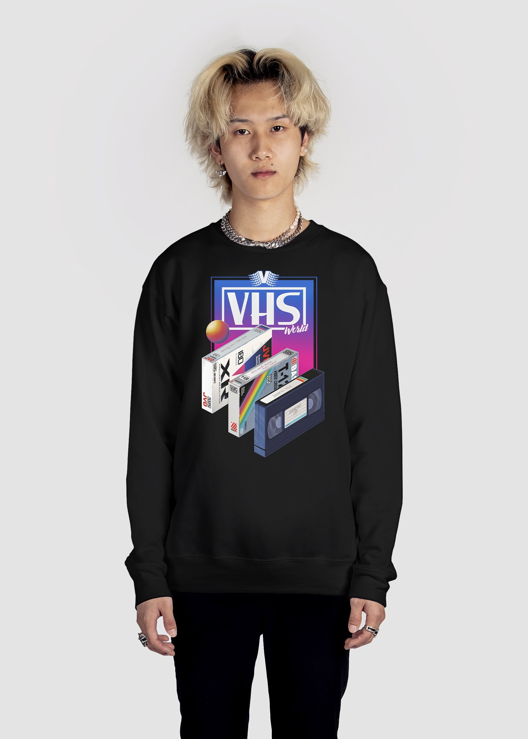 VHS World Sweatshirt Graphic Sweatshirt Vapor95 Black S