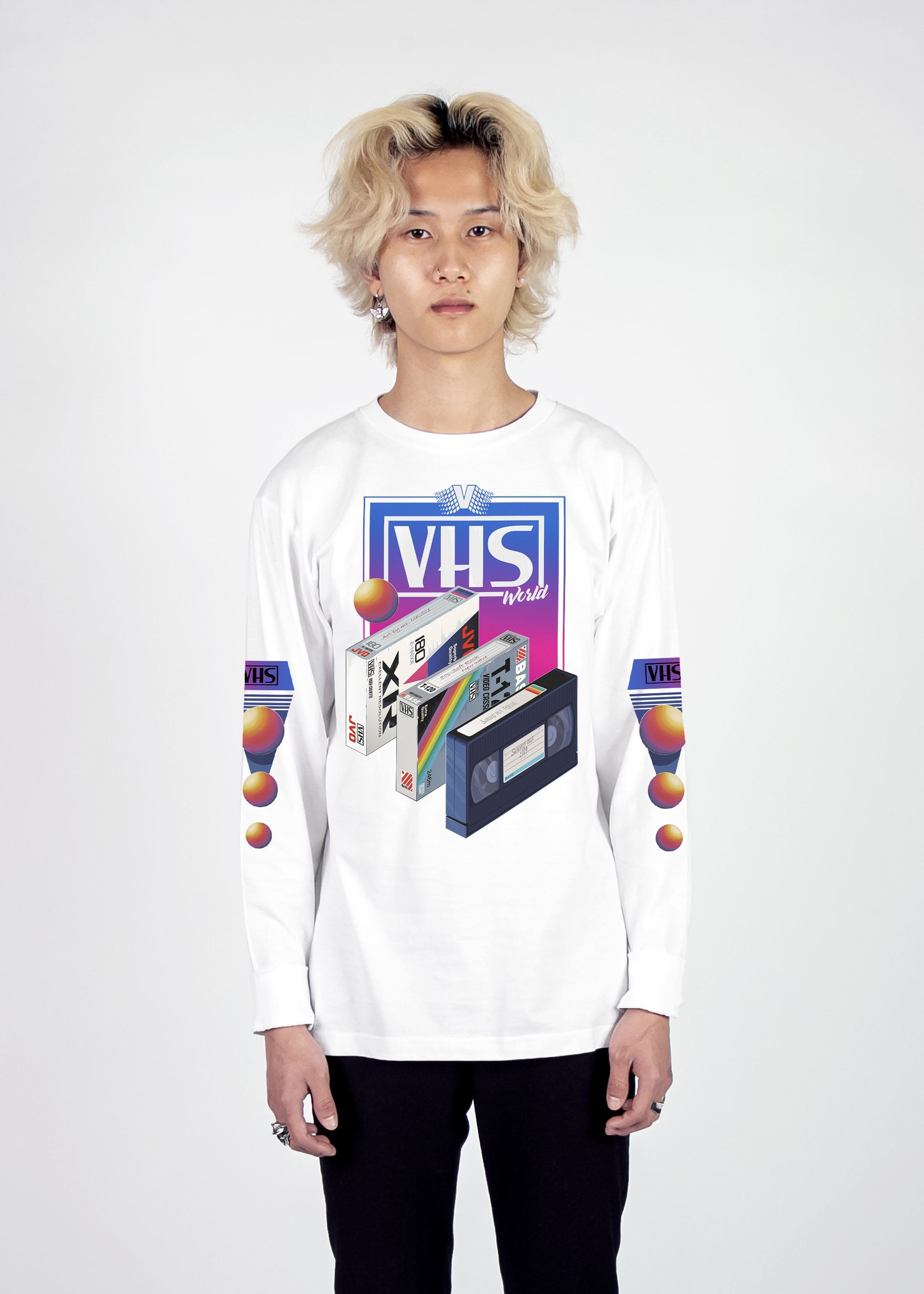 VHS World Long Sleeve Tee Long Sleeve Graphic Tee Vapor95 White S