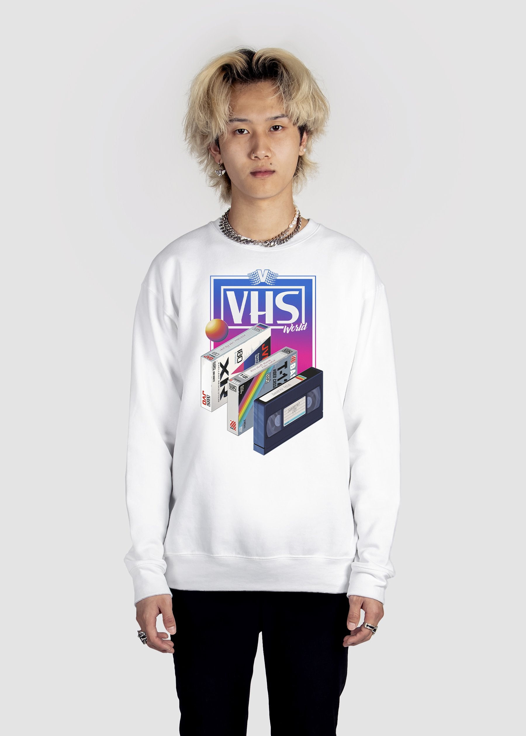 VHS World Sweatshirt Graphic Sweatshirt Vapor95 White S